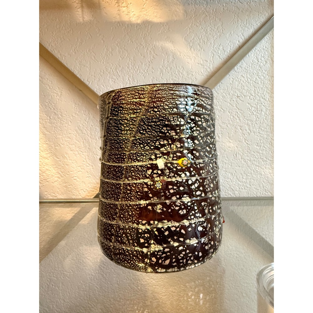 Artisan Hand Blown Milano silver  Crackle Glass Vase Millefiori Floral Accents‎